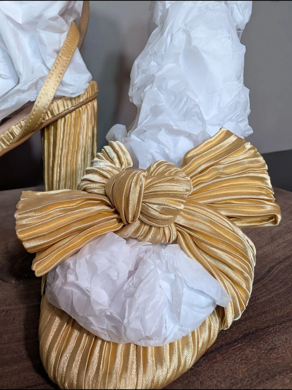 Gold Yellow Pleated Knot-Accent High Heel Sandals - Women
